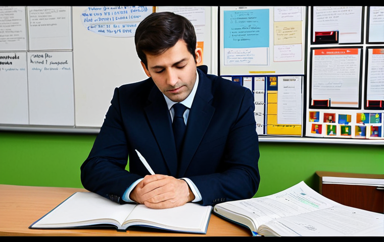 **
A dedicated *conseiller en insertion*, fully clothed in professional attire, thoughtfully reviewing a structured *journal de bord* filled with notes, tables, and keywords. The setting is a bright, organized office with motivational posters in French. The focus is on the human connection and empathetic listening, emphasizing the importance of understanding non-verbal cues. Include details showing active listening and observation skills. Safe for work, appropriate content, professional, family-friendly, perfect anatomy, natural proportions, high quality.
**