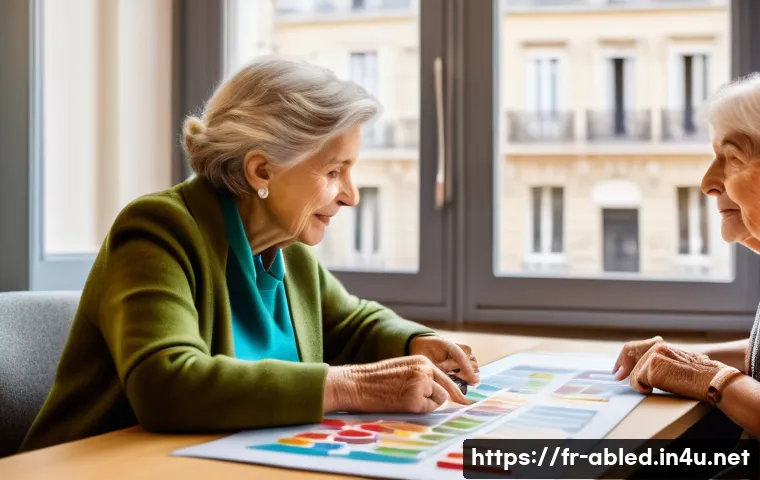 장애인상담사 상담 사례 - A compassionate social worker attentively listening to an elderly French woman with a visible physic...