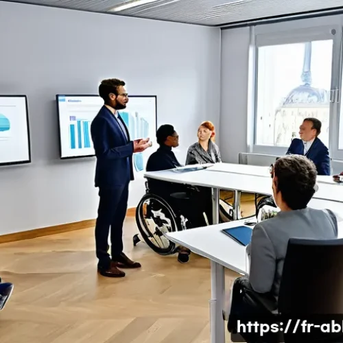 Home 32 장애인상담사 직장 내 교육 - A diverse group of professional workplace advisors engaged in a training session about disability in...
