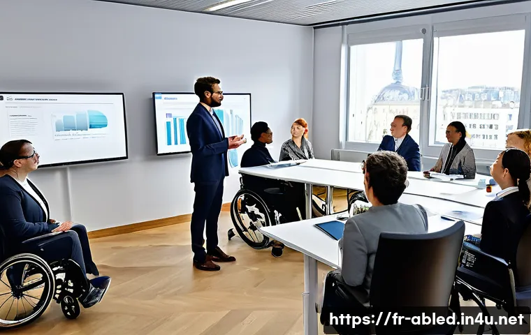 장애인상담사 직장 내 교육 - A diverse group of professional workplace advisors engaged in a training session about disability in...