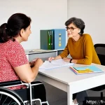 Home 18 장애인상담사 이론 수업 - A compassionate social worker in a modern French office setting, attentively listening to a middle-a...
