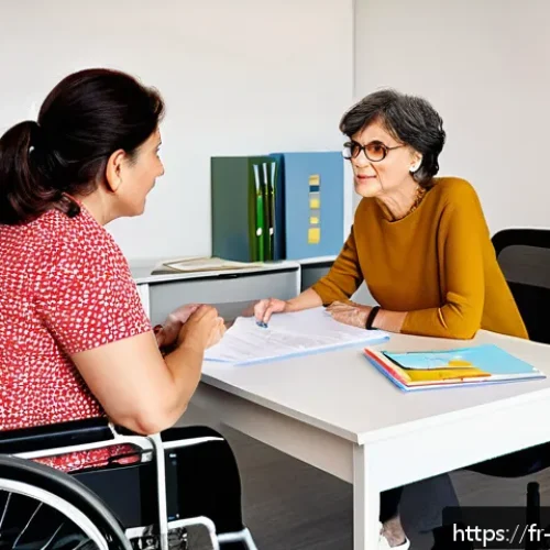 Home 30 장애인상담사 이론 수업 - A compassionate social worker in a modern French office setting, attentively listening to a middle-a...