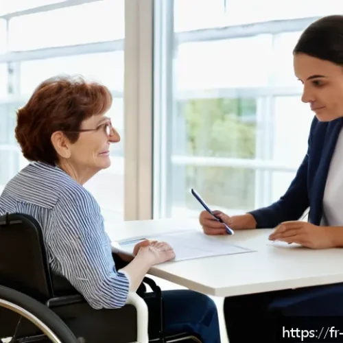 Home 17 장애인상담사 직무 능력 - A professional social worker attentively listening to a middle-aged French woman with a visible phys...