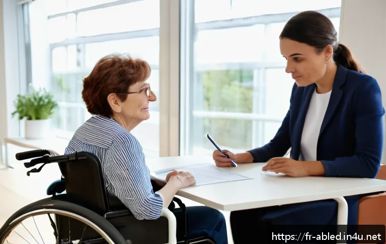 장애인상담사 직무 능력 - A professional social worker attentively listening to a middle-aged French woman with a visible phys...
