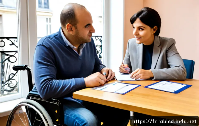 장애인상담사 자격 취득 절차 - Photorealistic French career counseling office, a compassionate middle-aged disability support couns...